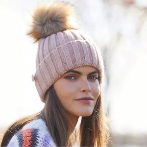NWT Anthropologie Faux Fur Pommed Beanie Pink